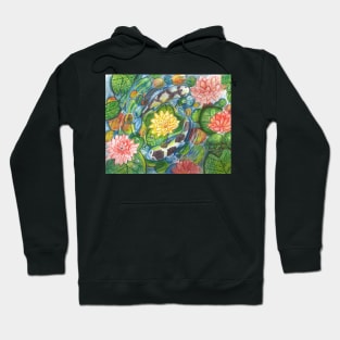 Koi Fishes in the pond of lilies and pebbles around the flower of life, a Japanese inspired watercolor painting with yin-yang concept Hoodie